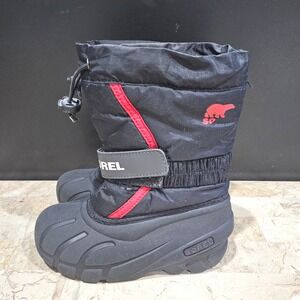 Sorel Black Red Waterproof Insulated Kids Winter Snow Boots Size 11